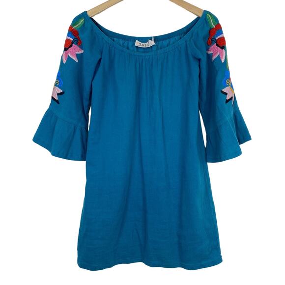 VAVA Floral Embroidered Dress Teal Blue Bell Sleeve Sz XS Beach Summer Tropical - Picture 1 of 9